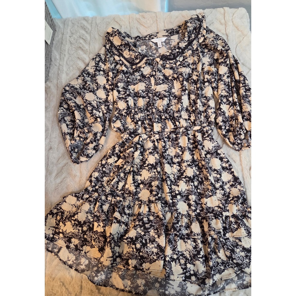 LC Lauren Conrad Floral Peter Pan Collar Mini Dress Black Cream 3/4 Sleeve Small